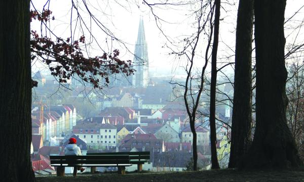 Blick vom Dreifaltigkeitsberg auf das lebendige Regensburg. Einige Meter nebenan liegt der mit 5.000 Grabplätzen größte städtische Friedhof und das von Weitem fast bedrohlich wirkende Krematorium.	Alle Fotos: Schmülling